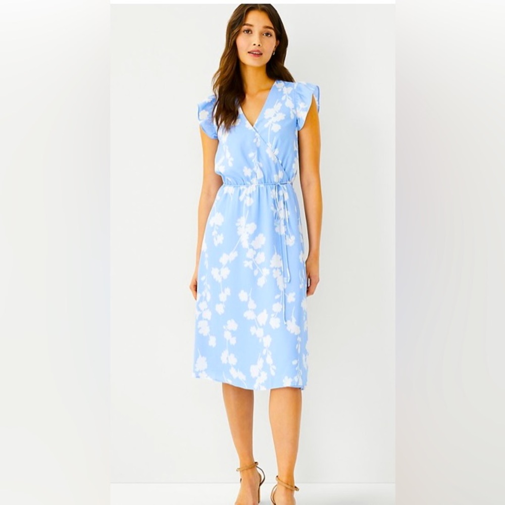 🌷ANN TAYLOR Floral Crossover V Neck Flutter Sleeve Dress SZ 2P